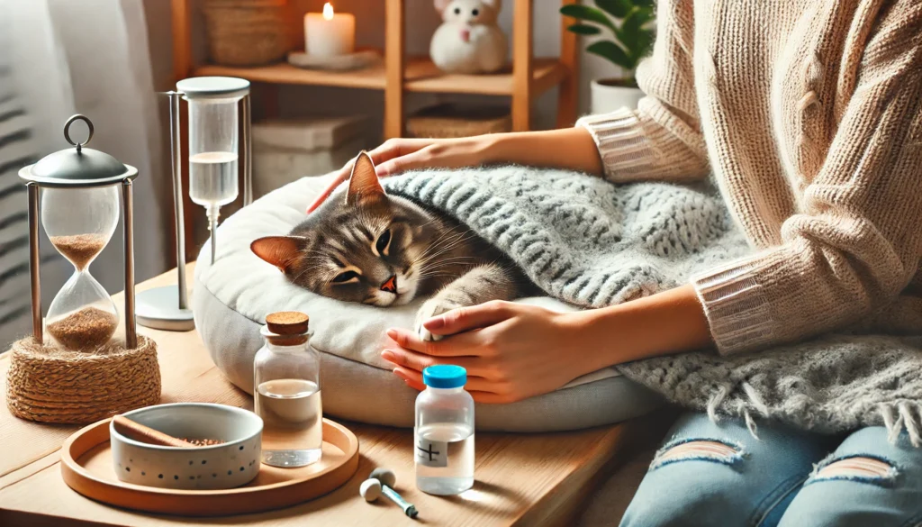 A cozy home environment showing supportive care for a cat undergoing chemotherapy.