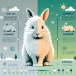 a rabbit with a fluffy winter coat on one side and a thinner summer coat on the other, along with a seasonal background transition and text indicating the shedding process