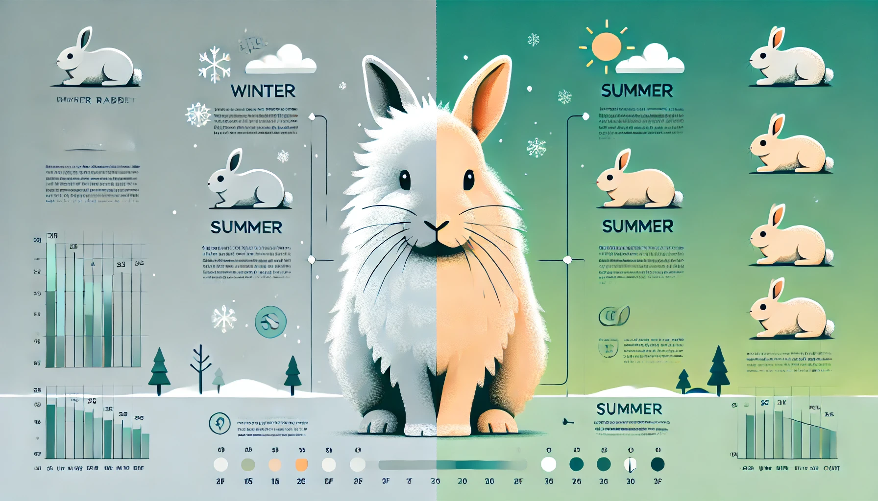 a rabbit with a fluffy winter coat on one side and a thinner summer coat on the other, along with a seasonal background transition and text indicating the shedding process